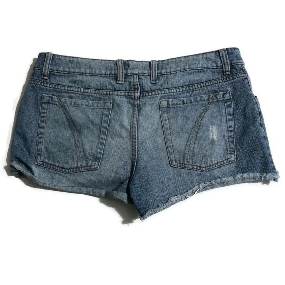 Mossimo Womens Juniors Sz 13 Mid Rise Distressed Raw Hem Denim Blue Jean Shorts